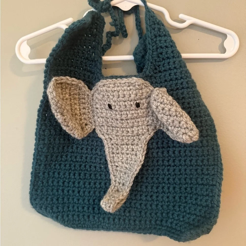 Handmade Teal and Gray Elephant Knit Kids Bib
